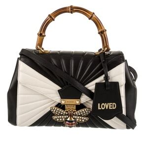 Gucci Queen Margaret Medium Bamboo Top Hand Bag Black & White Leather Authentic